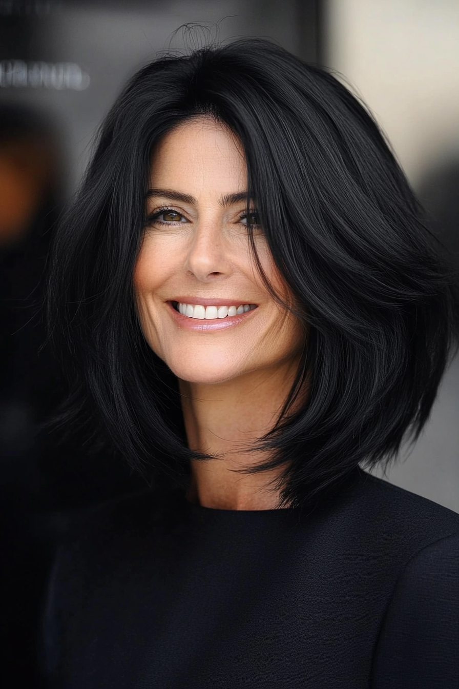 6. Textured Mid-Length Cut in Deep Black (Mid Length Hairstyles For Older Women) - Mid Length Hairstyles For Older Women