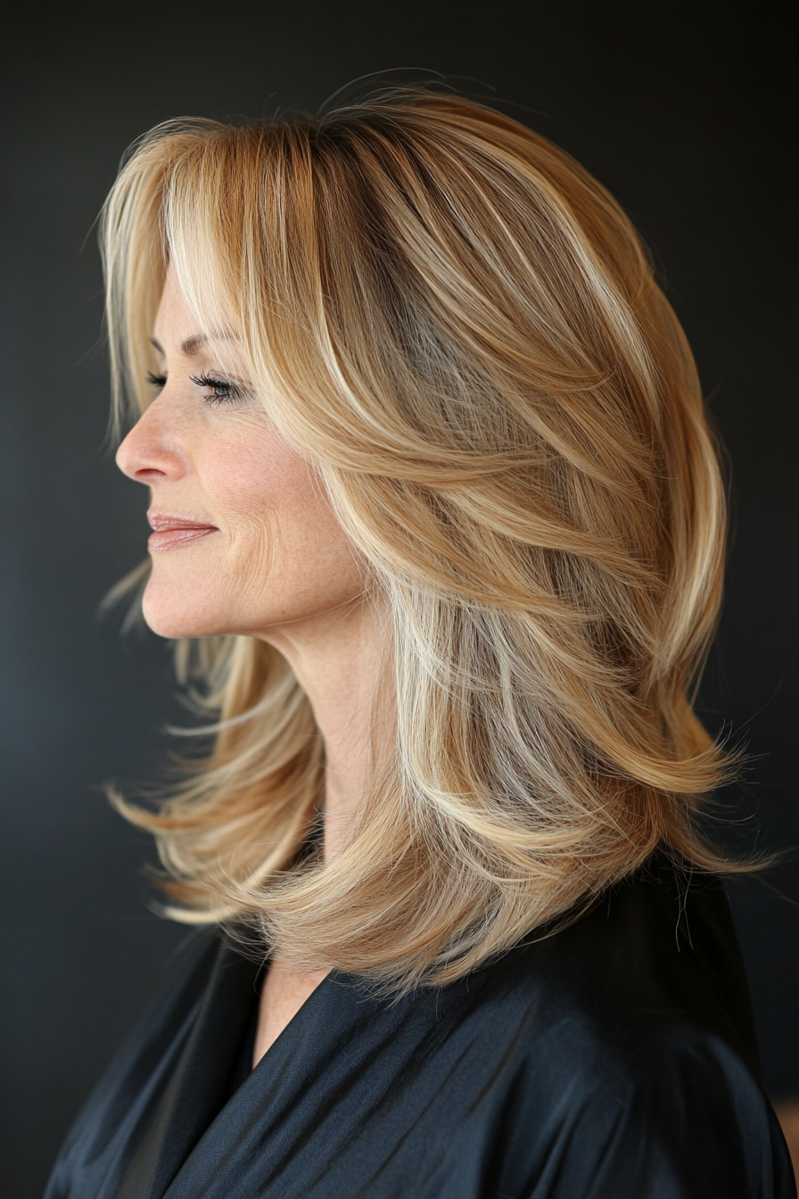 7. Side-Swept Layers in Golden Blonde (Mid Length Hairstyles For Older Women) - Mid Length Hairstyles For Older Women