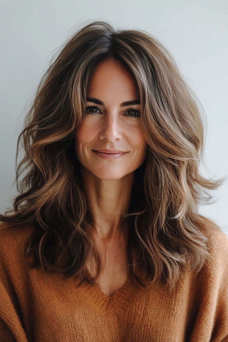 9. Wavy Mid-Length Style in Caramel Brown (Mid Length Hairstyles For Older Women) - Mid Length Hairstyles For Older Women