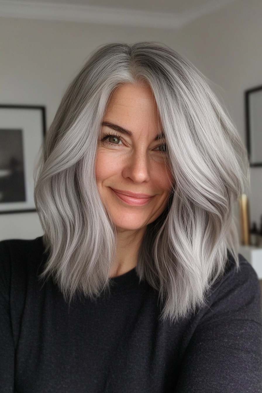 11. Angled Lob in Silver Grey (Mid Length Hairstyles For Older Women) - Mid Length Hairstyles For Older Women