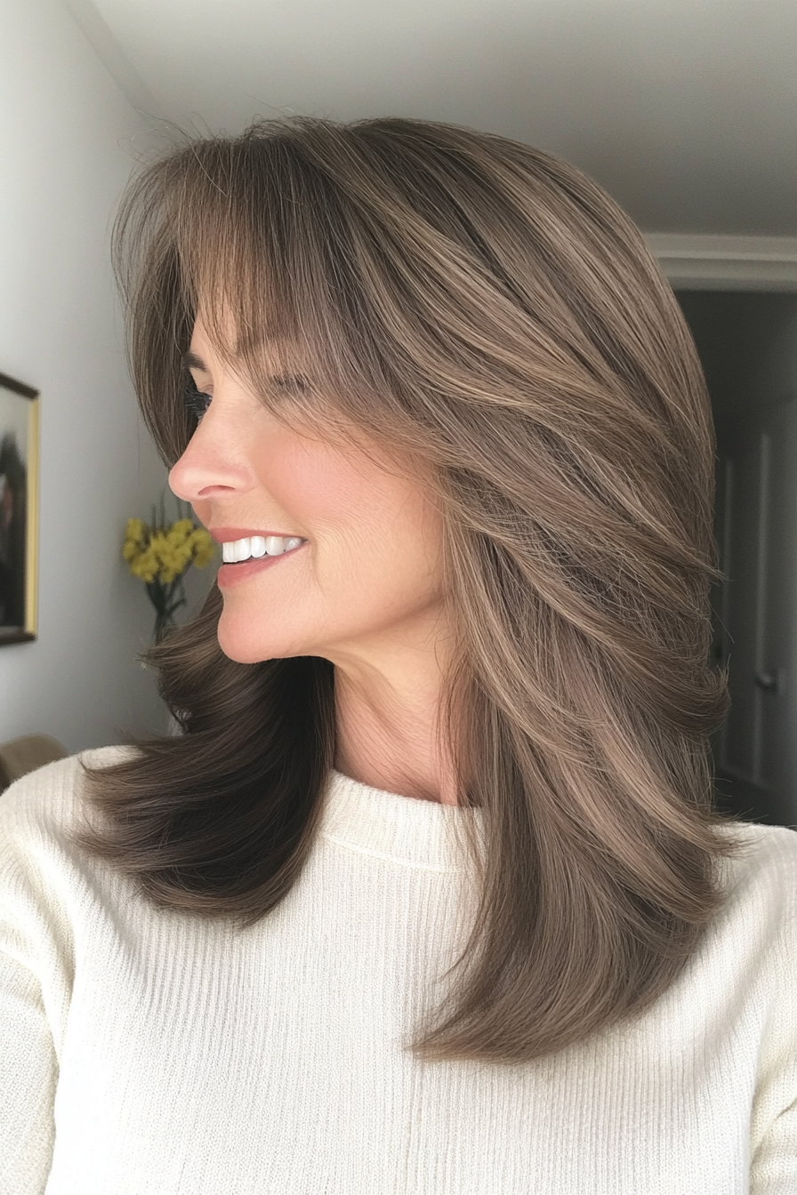 12. Subtle Layers with Bangs in Medium Brown (Mid Length Hairstyles For Older Women) - Mid Length Hairstyles For Older Women