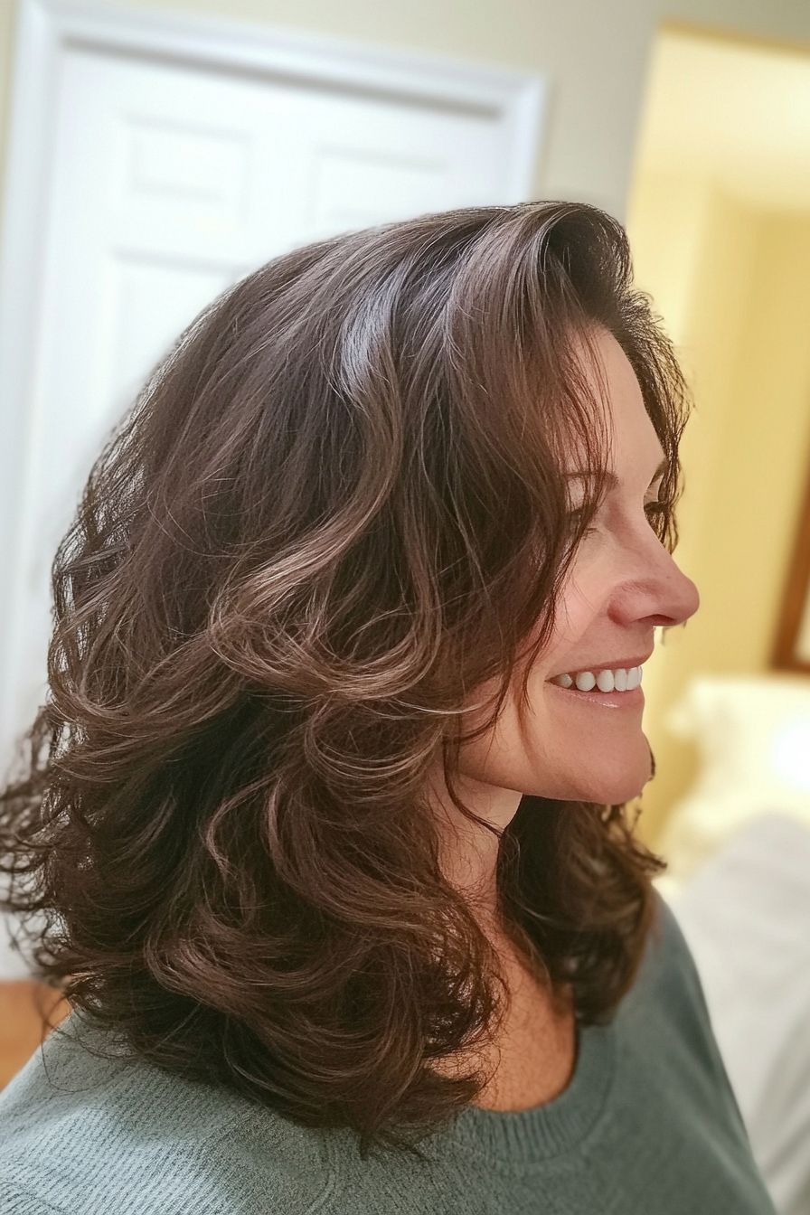 14. Loose Layered Curls in Dark Brown (Mid Length Hairstyles For Older Women) - Mid Length Hairstyles For Older Women