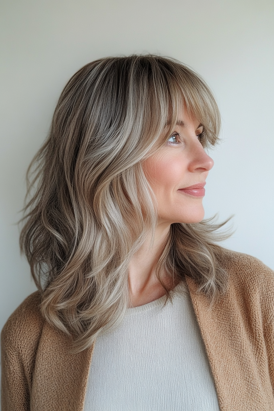 16. Wavy Mid Cut with Curtain Bangs in Ash Blonde (Mid Length Hairstyles For Older Women) - Mid Length Hairstyles For Older Women
