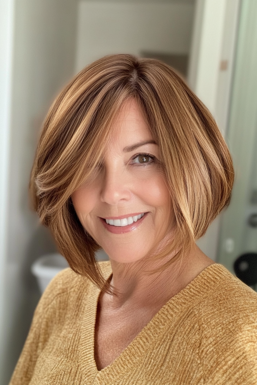 17. Mid-Length Bob with Rounded Layers in Golden Brown (Mid Length Hairstyles For Older Women) - Mid Length Hairstyles For Older Women