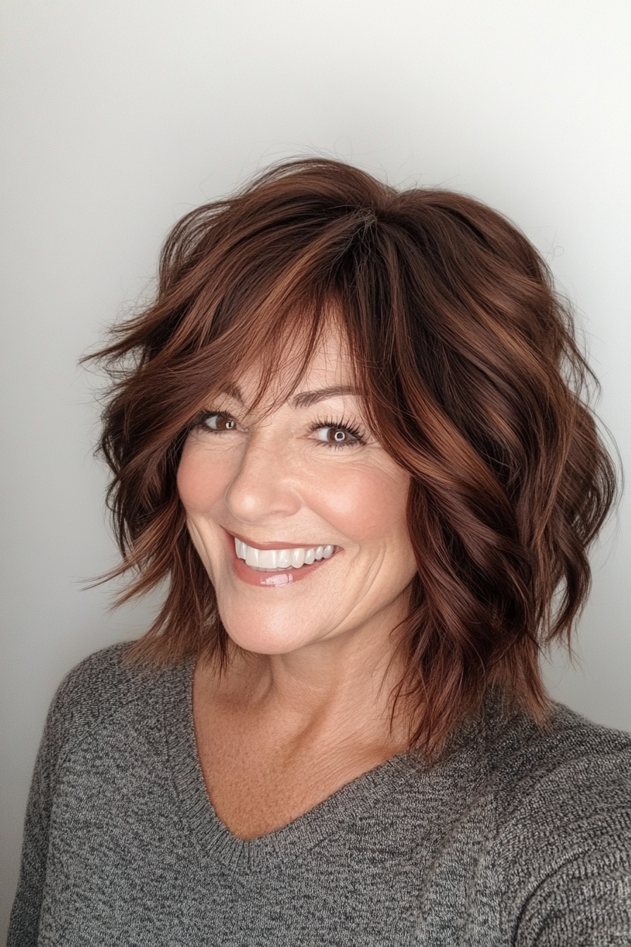 18. Textured Lob with Side Fringe in Espresso Brown (Mid Length Hairstyles For Older Women) - Mid Length Hairstyles For Older Women