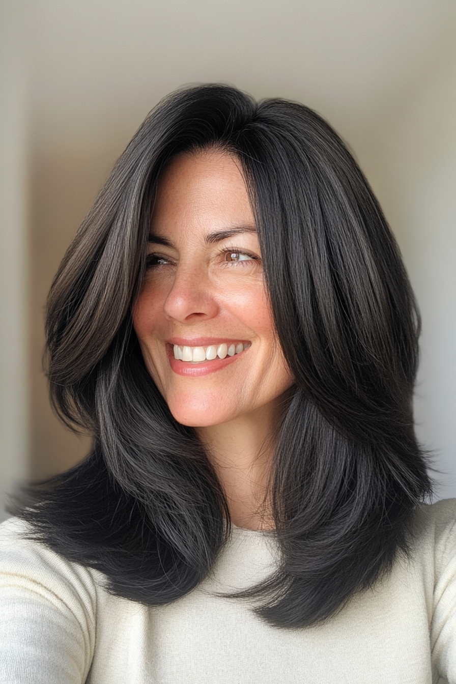 19. Blended Layers in Soft Black (Mid Length Hairstyles For Older Women) - Mid Length Hairstyles For Older Women