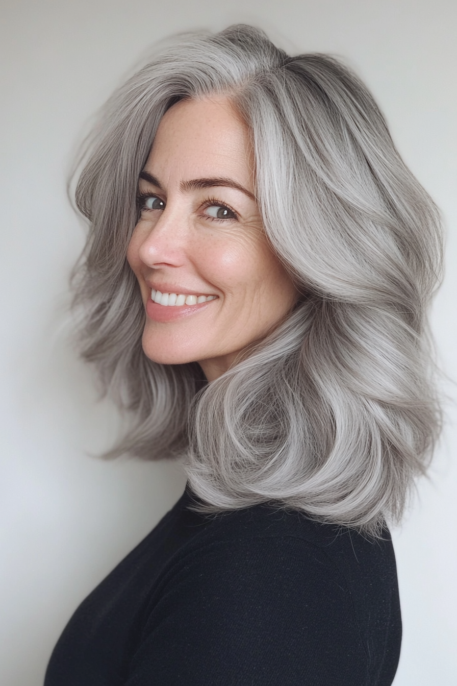 23. Volumized Mid-Length Style in Natural Grey (Mid Length Hairstyles For Older Women) - Mid Length Hairstyles For Older Women
