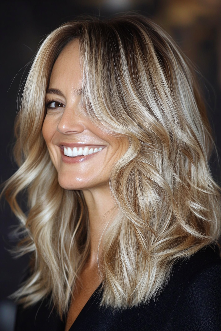24. Soft Waves with Side Layers in Dirty Blonde (Mid Length Hairstyles For Older Women) - Mid Length Hairstyles For Older Women