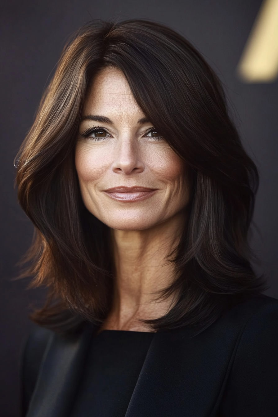 26. Sculpted Shoulder Cut with Center Part in Black Brown (Mid Length Hairstyles For Older Women) - Mid Length Hairstyles For Older Women
