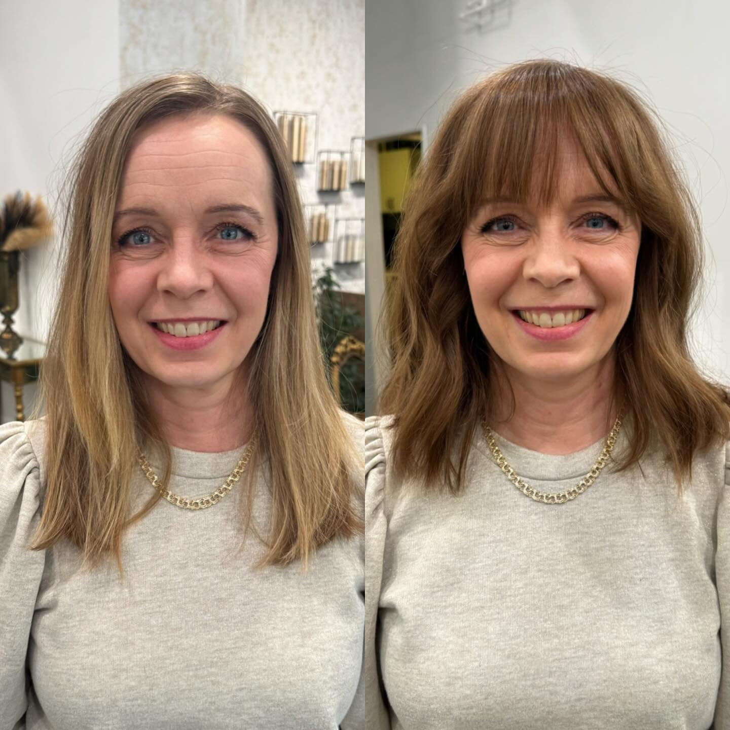 6. Warm Caramel Waves with Fringe - Before and After Hairstyles/Haircut Ideas
