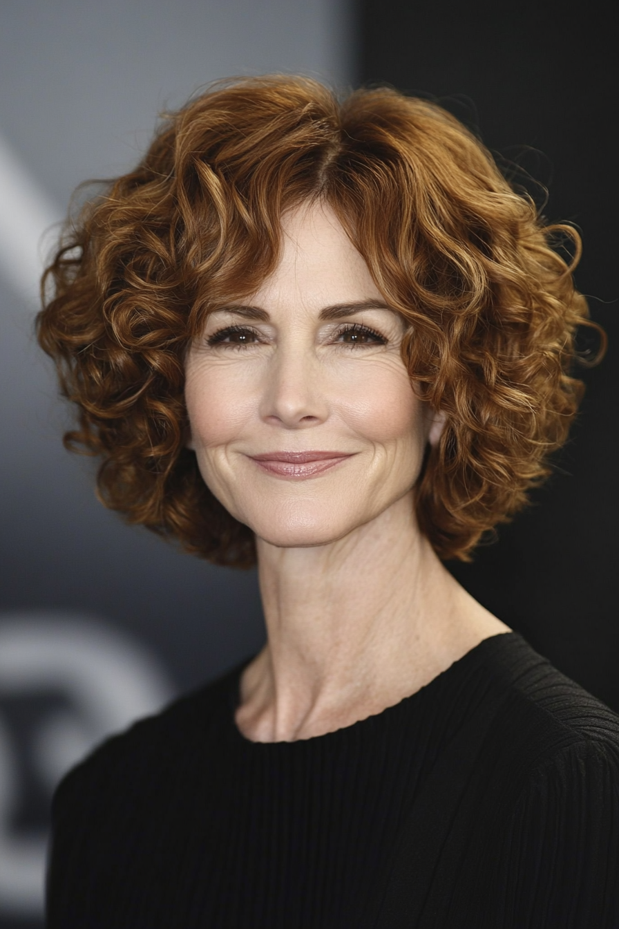 2. Layered Curly Bob in Warm Chestnut (Short Hairstyles For Older Women With Curly Hair) - Short Hairstyles For Older Women With Curly Hair