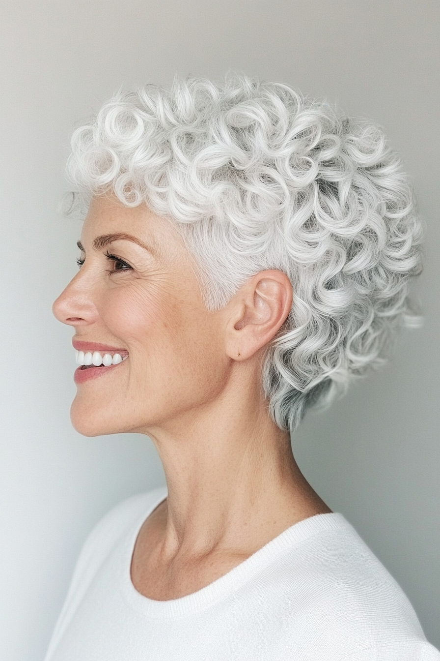 3. Tapered Curls in Snowy White (Short Hairstyles For Older Women With Curly Hair) - Short Hairstyles For Older Women With Curly Hair