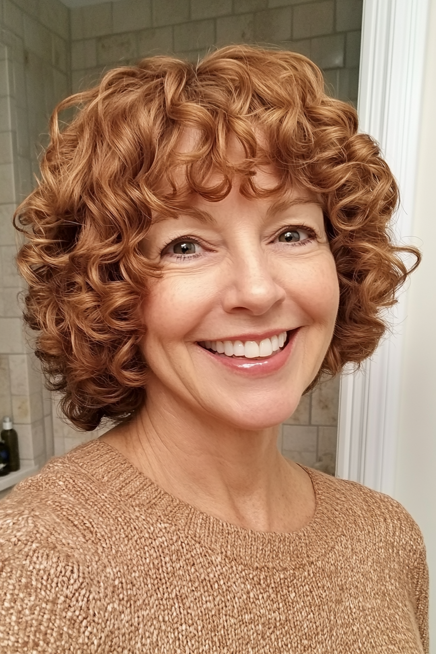 7. Ear-Length Curly Bob in Warm Honey Brown (Short Hairstyles For Older Women With Curly Hair) - Short Hairstyles For Older Women With Curly Hair