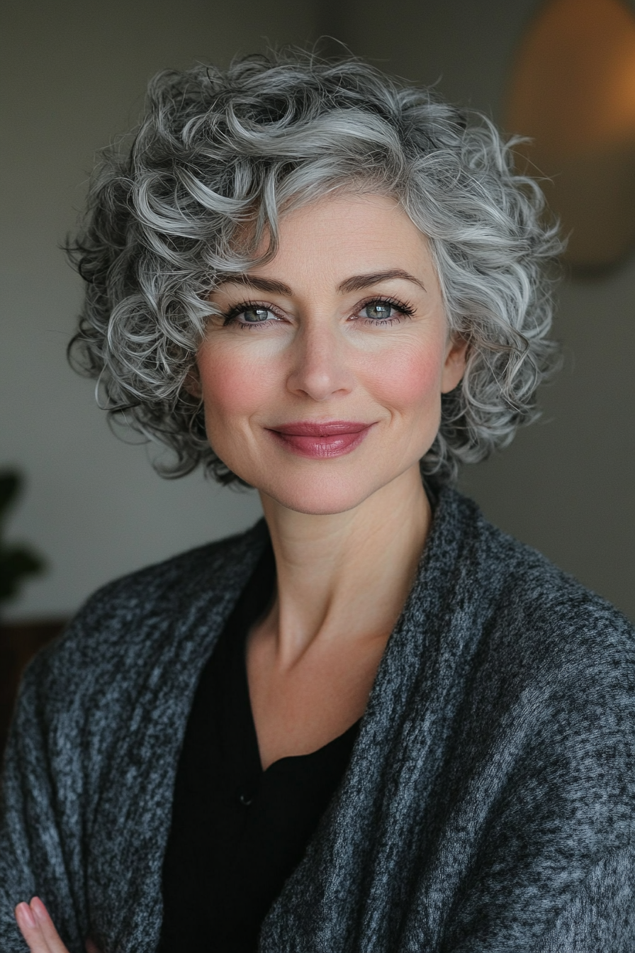 8. Voluminous Short Curls in Smoky Gray (Short Hairstyles For Older Women With Curly Hair) - Short Hairstyles For Older Women With Curly Hair