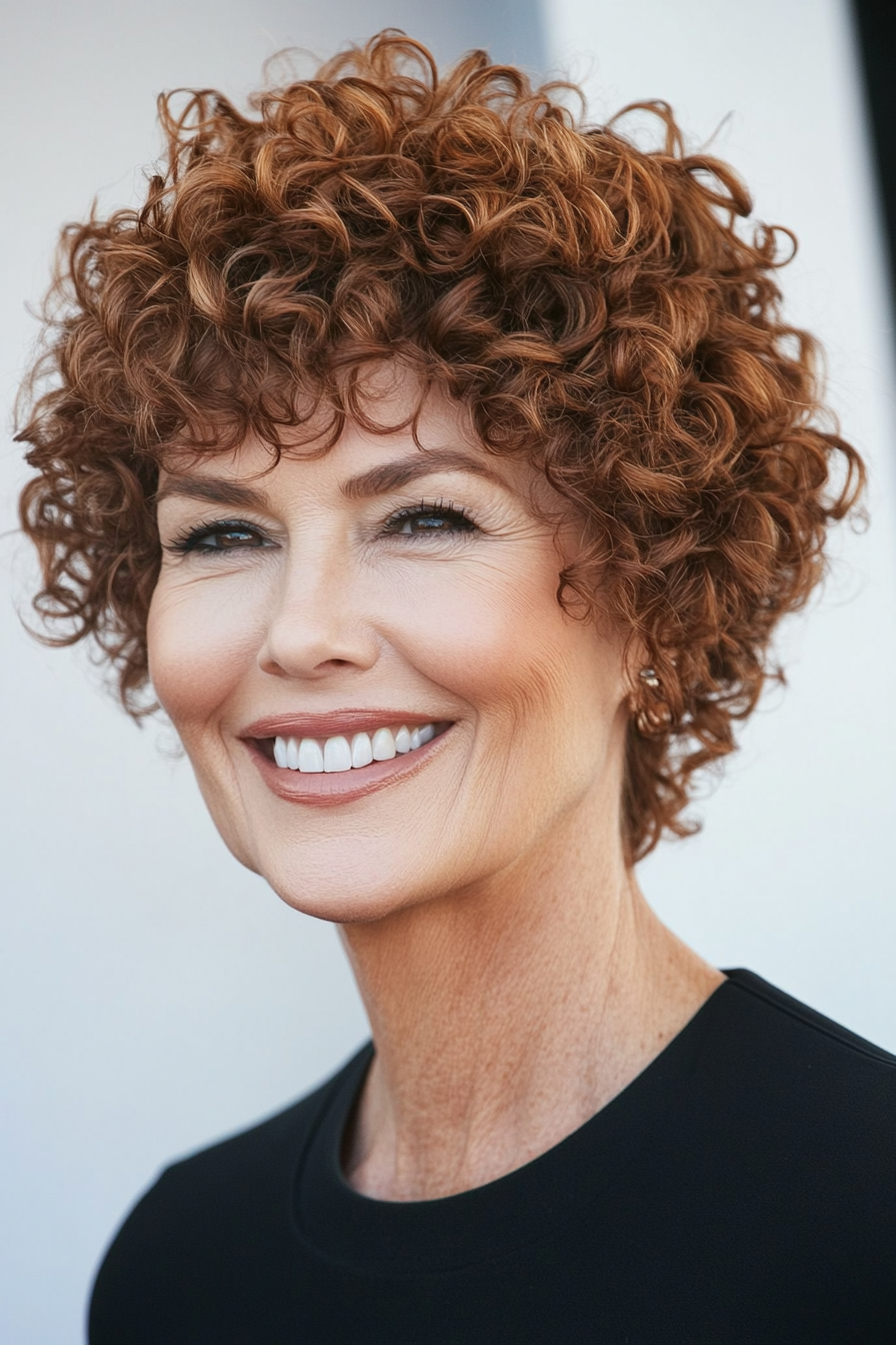 9. Classic Curly Taper Cut in Soft Auburn (Short Hairstyles For Older Women With Curly Hair) - Short Hairstyles For Older Women With Curly Hair