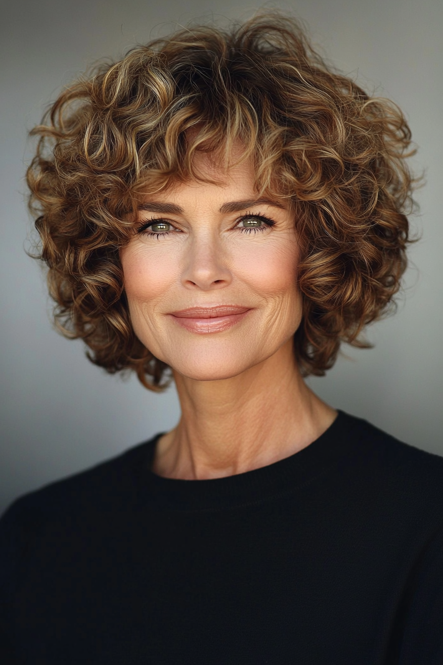 11. Chin-Length Curly Bob in Warm Caramel Brown (Short Hairstyles For Older Women With Curly Hair) - Short Hairstyles For Older Women With Curly Hair