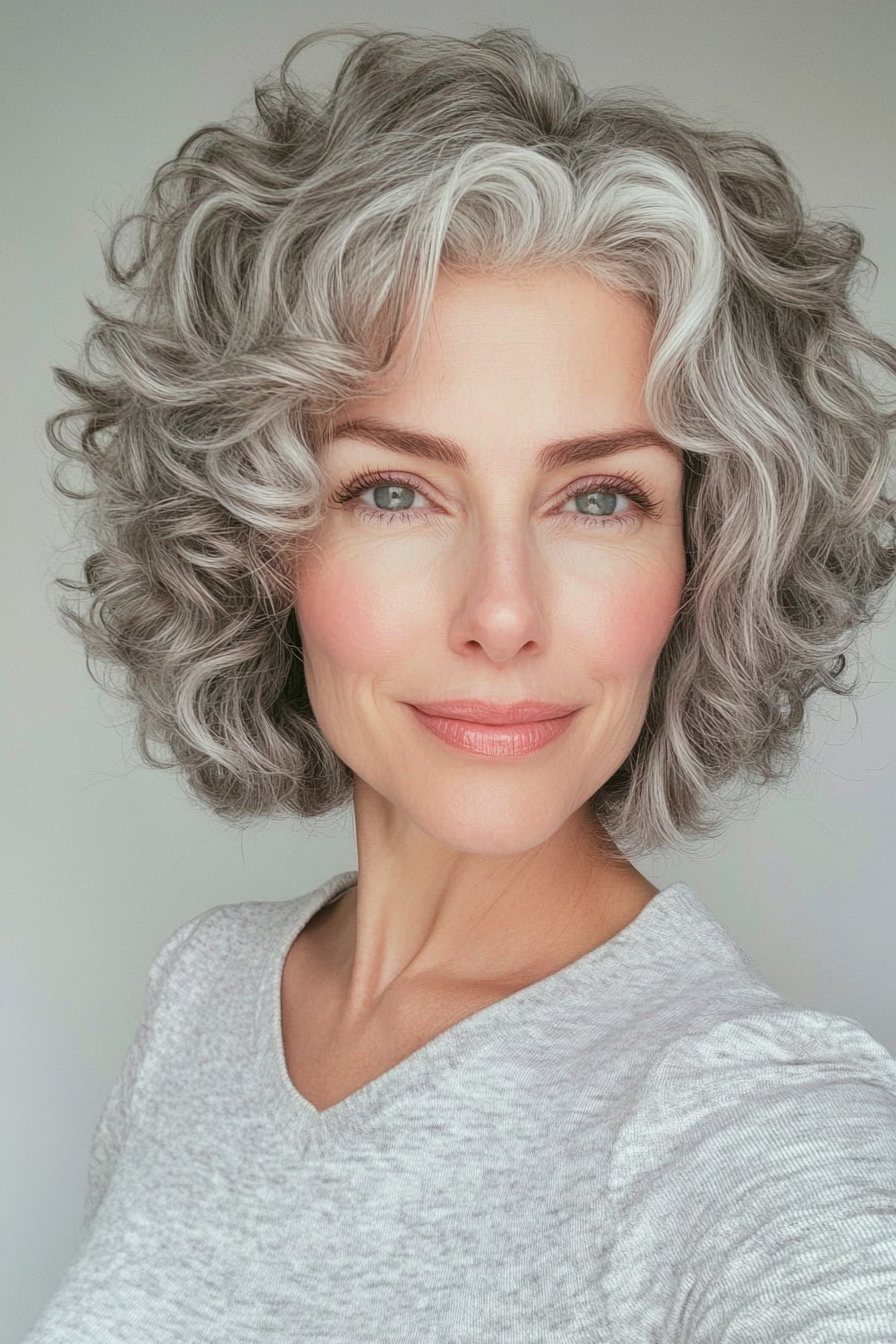 14. Curly Bob with Bangs in Natural Gray Blend (Short Hairstyles For Older Women With Curly Hair) - Short Hairstyles For Older Women With Curly Hair