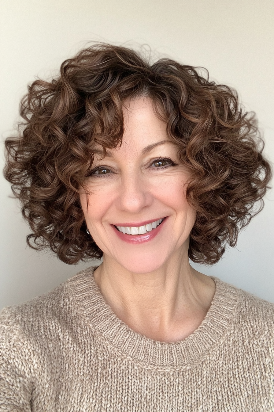 16. Tousled Curls in Dark Chestnut Brown (Short Hairstyles For Older Women With Curly Hair) - Short Hairstyles For Older Women With Curly Hair
