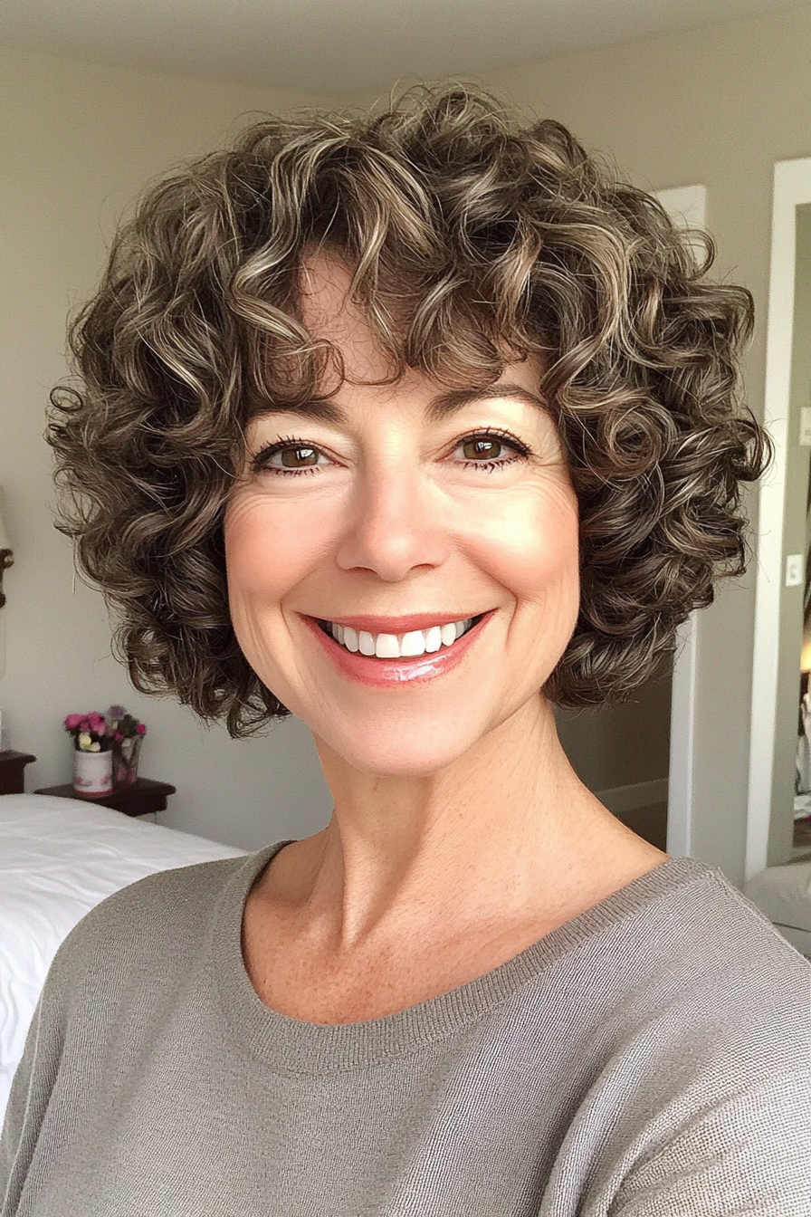 18. Short Curly Bob in Ash Brown (Short Hairstyles For Older Women With Curly Hair) - Short Hairstyles For Older Women With Curly Hair