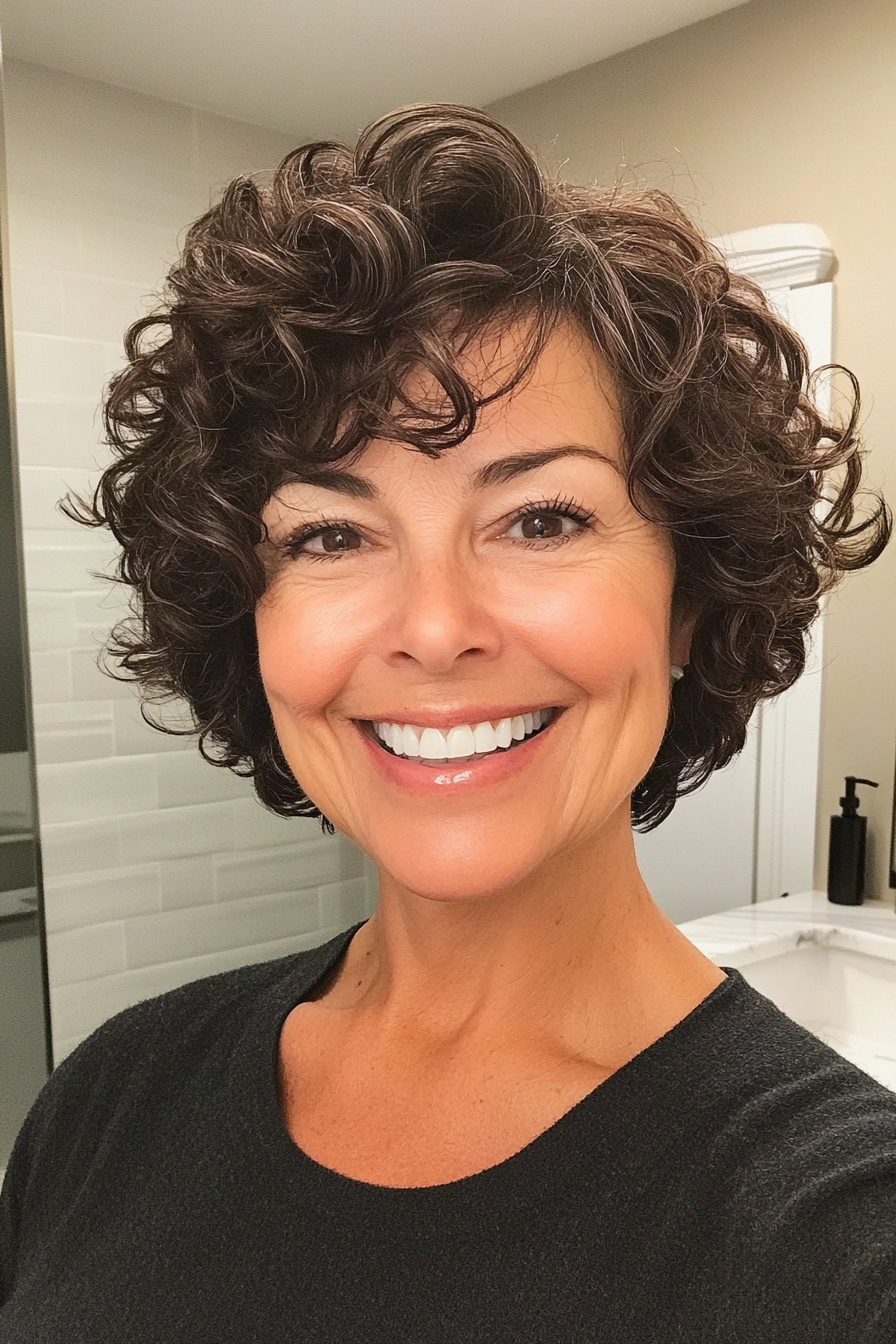 23. Side-Swept Curly Bob in Dark Ash Brown (Short Hairstyles For Older Women With Curly Hair) - Short Hairstyles For Older Women With Curly Hair