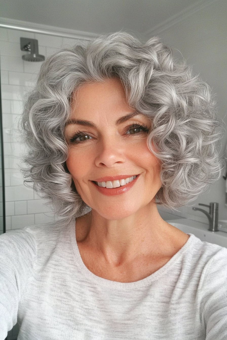 26. Curly Bob with Soft Layers in Silver Gray (Short Hairstyles For Older Women With Curly Hair) - Short Hairstyles For Older Women With Curly Hair
