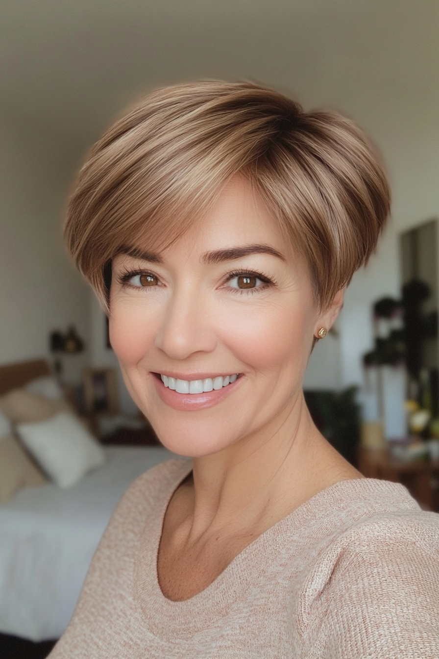 9. Side-Parted Pixie in Light Brown (Short Hairstyles For Women Over 50 With Fine Hair) - Short Hairstyles For Women Over 50 With Fine Hair