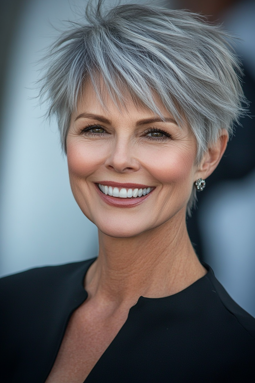 14. Wispy Pixie Cut in Salt and Pepper (Short Hairstyles For Women Over 50 With Fine Hair) - Short Hairstyles For Women Over 50 With Fine Hair