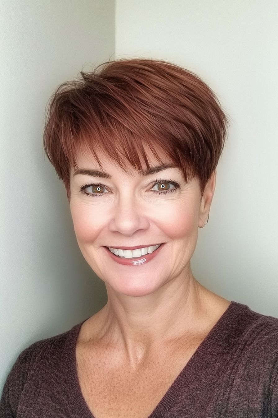 17. Ear-Length Pixie in Deep Mahogany Brown (Short Hairstyles For Women Over 50 With Fine Hair) - Short Hairstyles For Women Over 50 With Fine Hair