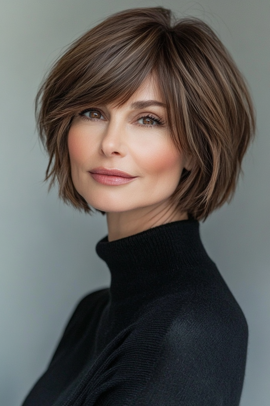 22. Fringed Bob in Warm Brown (Short Hairstyles For Women Over 50 With Fine Hair) - Short Hairstyles For Women Over 50 With Fine Hair