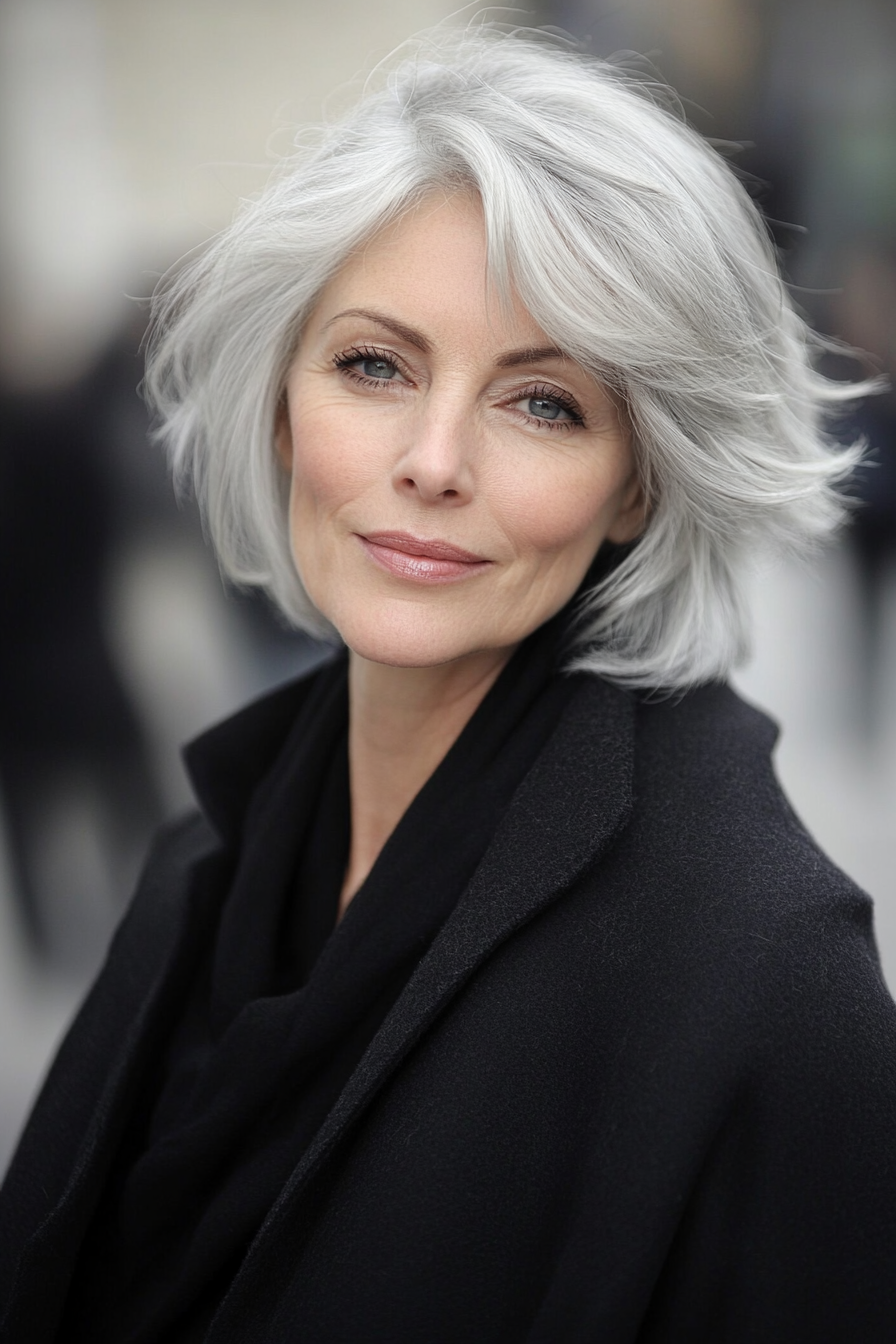 23. Short Layered Cut in Platinum Gray (Short Hairstyles For Women Over 50 With Fine Hair) - Short Hairstyles For Women Over 50 With Fine Hair