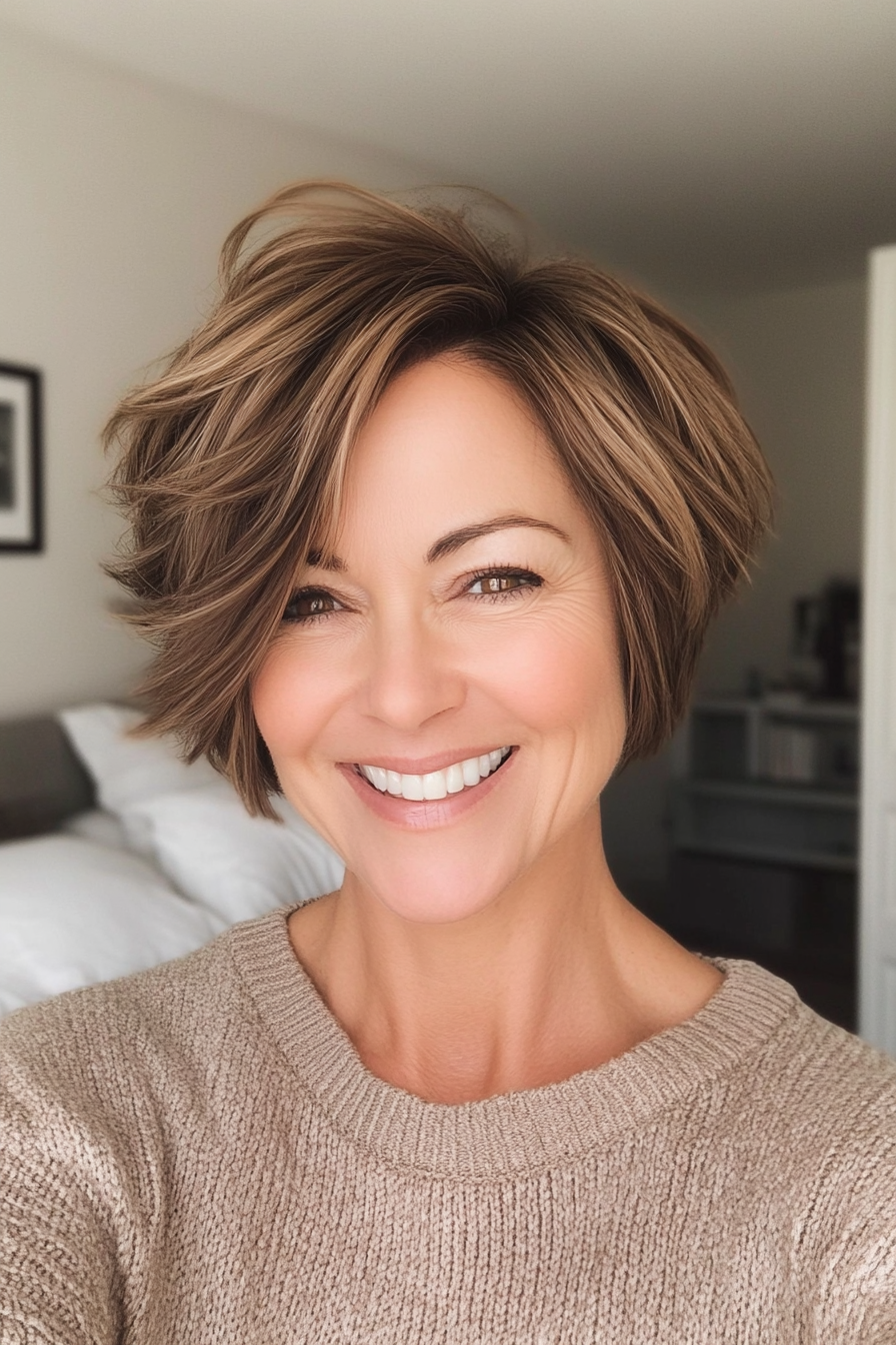24. Cropped Bob with Sandy Brown Base (Short Hairstyles For Women Over 50 With Fine Hair) - Short Hairstyles For Women Over 50 With Fine Hair