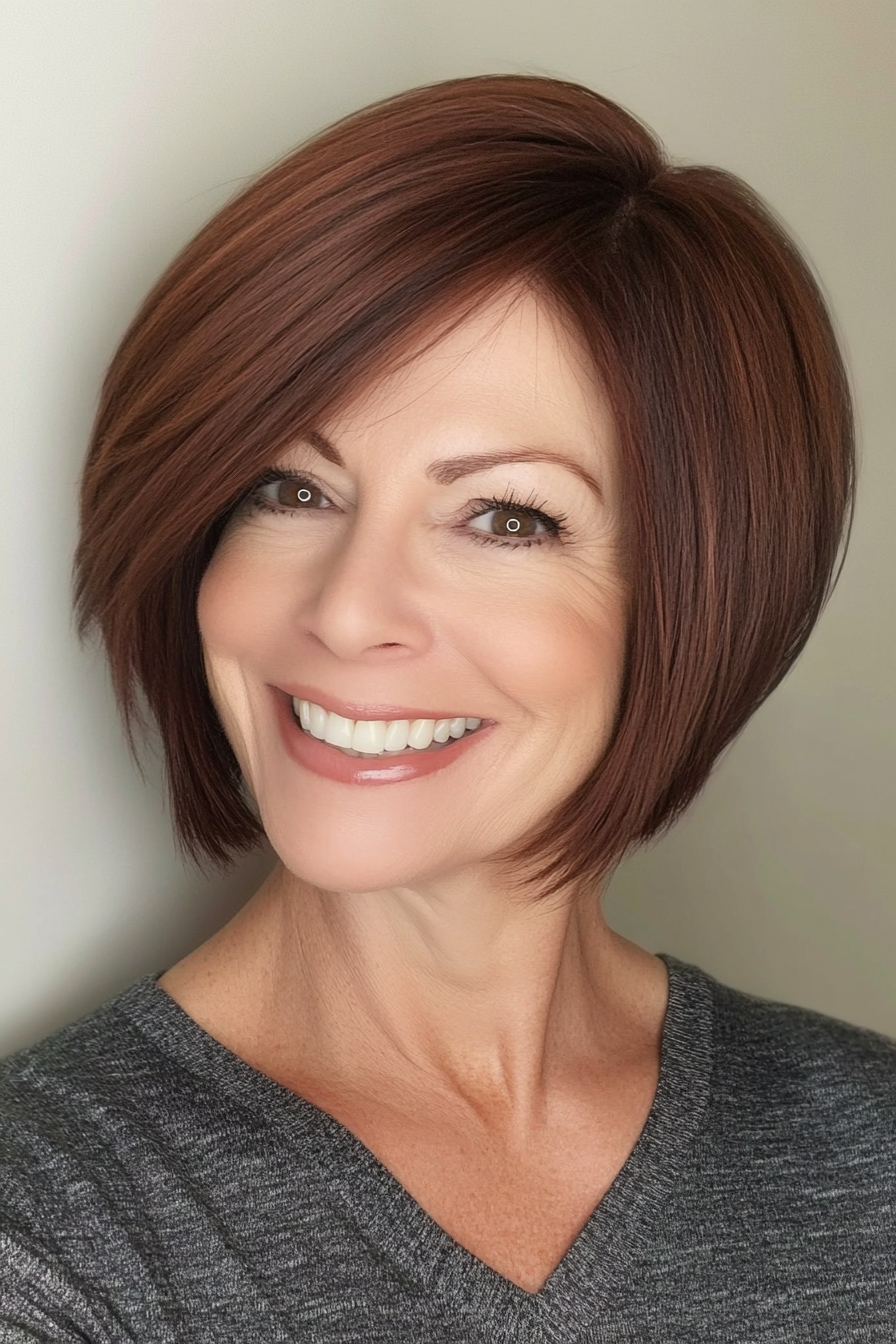 26. Asymmetrical Bob in Dark Auburn (Short Hairstyles For Women Over 50 With Fine Hair) - Short Hairstyles For Women Over 50 With Fine Hair