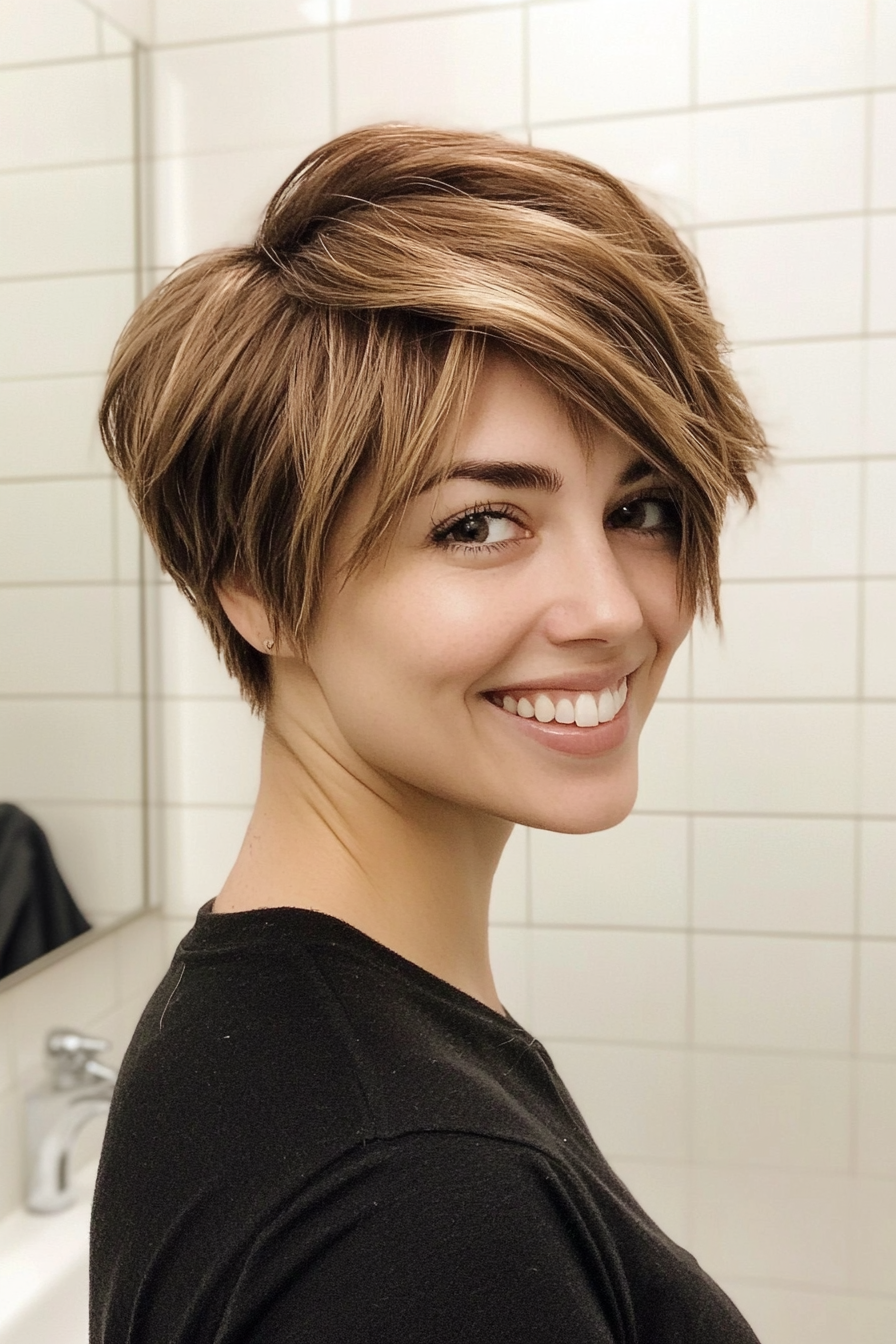 2. Textured Pixie with Honey Highlights (Short Layered Haircuts With Side Bangs) - Short Layered Haircuts With Side Bangs