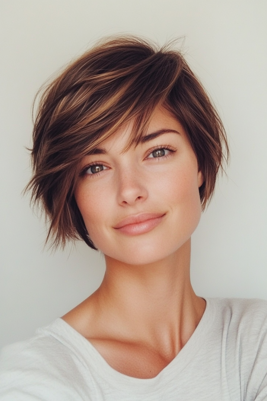 4. Layered Shag with Caramel Accents (Short Layered Haircuts With Side Bangs) - Short Layered Haircuts With Side Bangs
