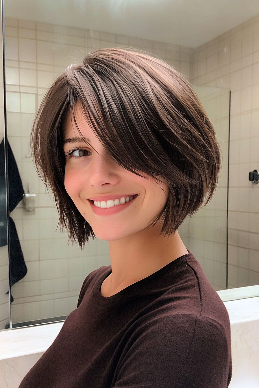 6. Sleek A-Line Bob in Dark Chocolate (Short Layered Haircuts With Side Bangs) - Short Layered Haircuts With Side Bangs