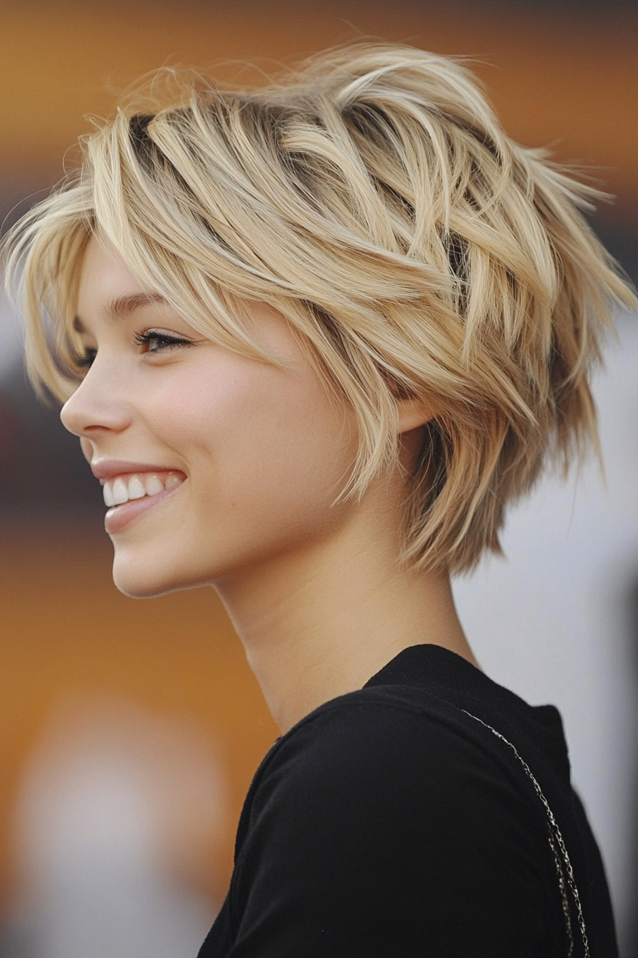 7. Feathered Pixie with Sandy Blonde Layers (Short Layered Haircuts With Side Bangs) - Short Layered Haircuts With Side Bangs