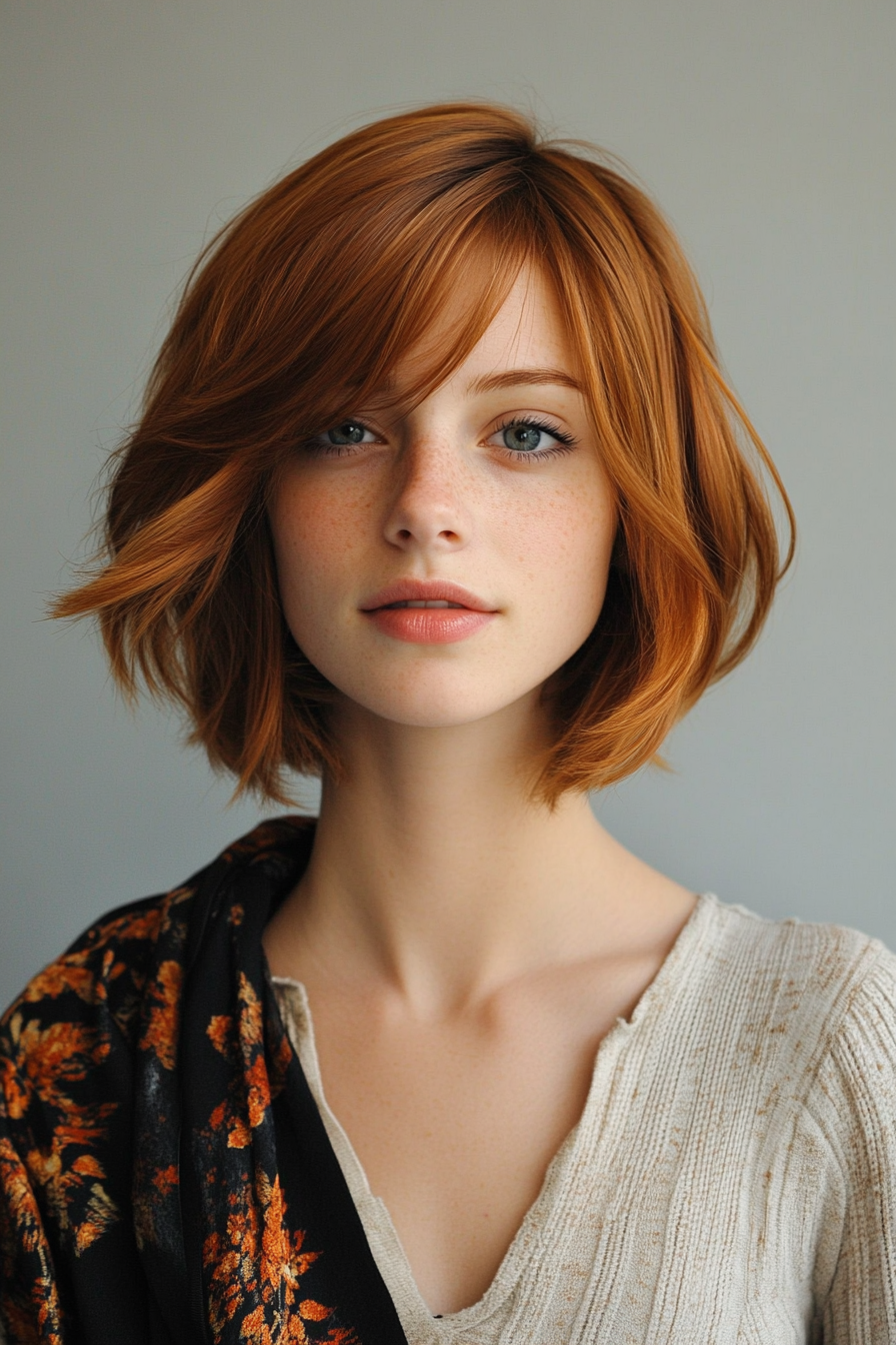 8. Chin-Length Bob with Cinnamon Spice Highlights (Short Layered Haircuts With Side Bangs) - Short Layered Haircuts With Side Bangs