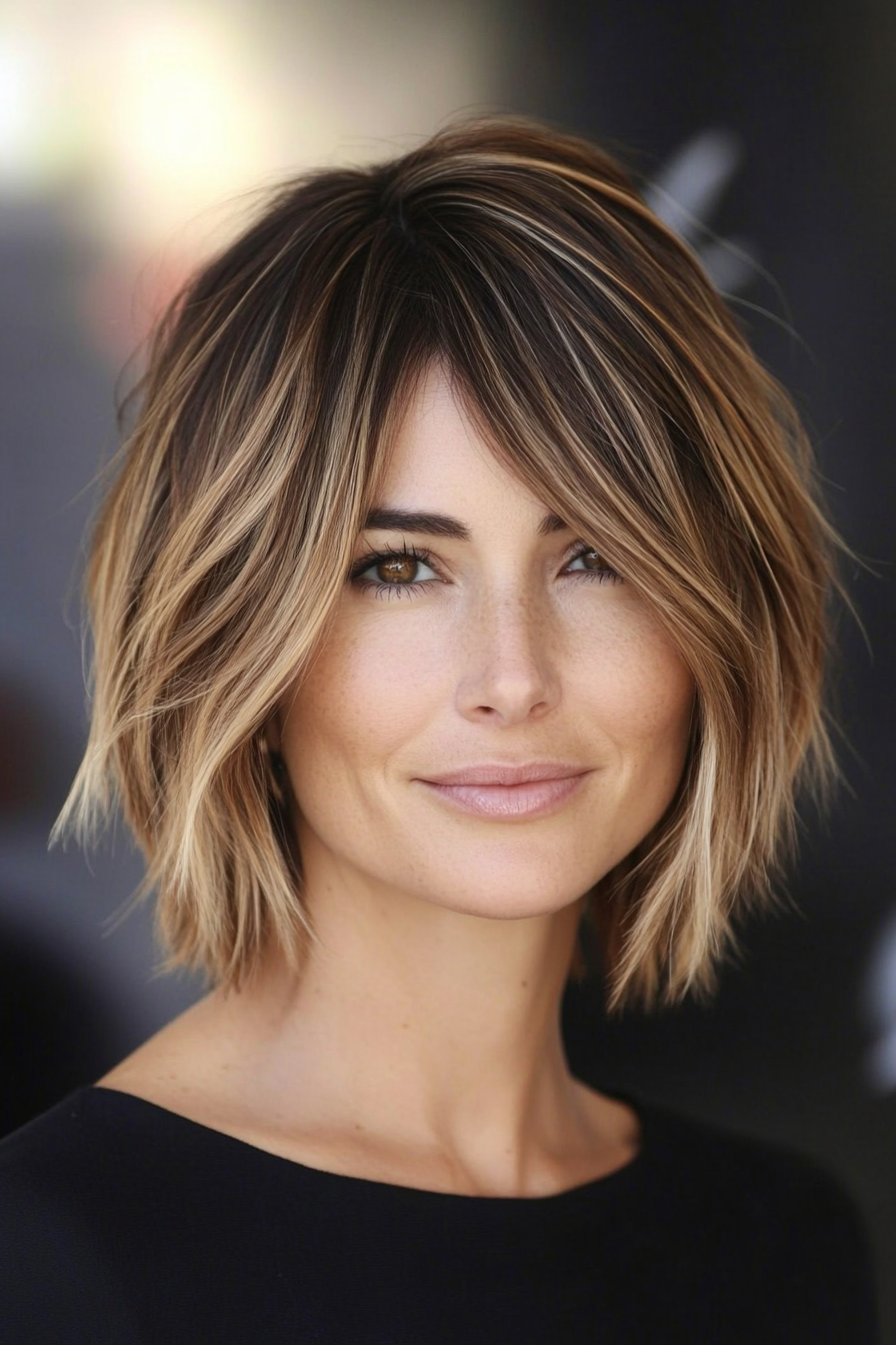 10. Layered Lob with Sun-Kissed Balayage (Short Layered Haircuts With Side Bangs) - Short Layered Haircuts With Side Bangs