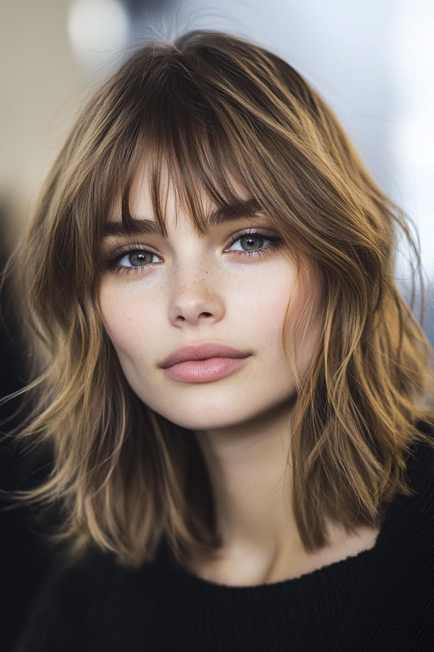 12. Soft Wavy Bob with Golden Undertones (Short Layered Haircuts With Side Bangs) - Short Layered Haircuts With Side Bangs