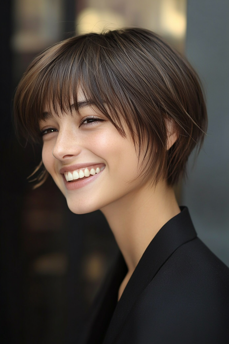 13. Classic Crop with Subtle Mahogany Hues (Short Layered Haircuts With Side Bangs) - Short Layered Haircuts With Side Bangs