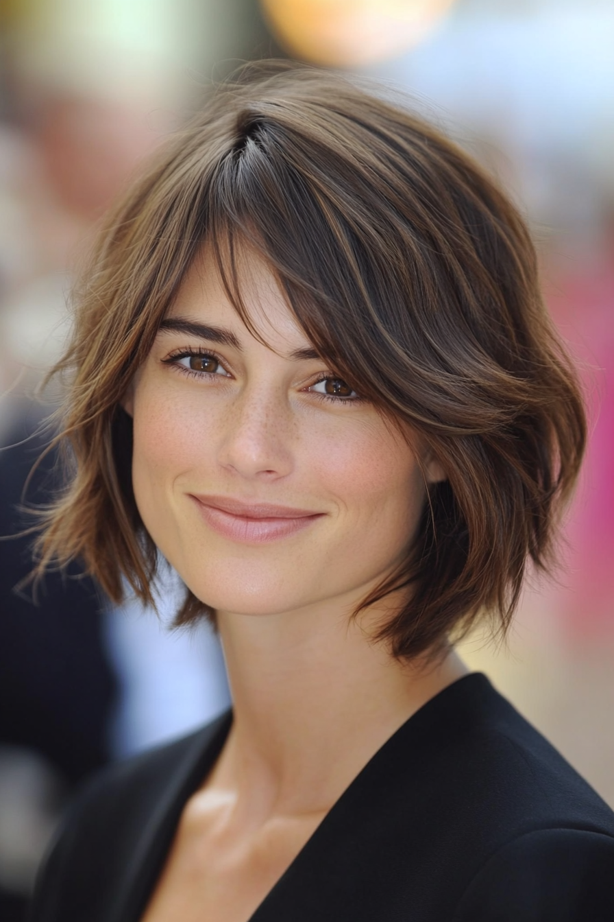 14. Layered Bob with Ash Brown Highlights (Short Layered Haircuts With Side Bangs) - Short Layered Haircuts With Side Bangs