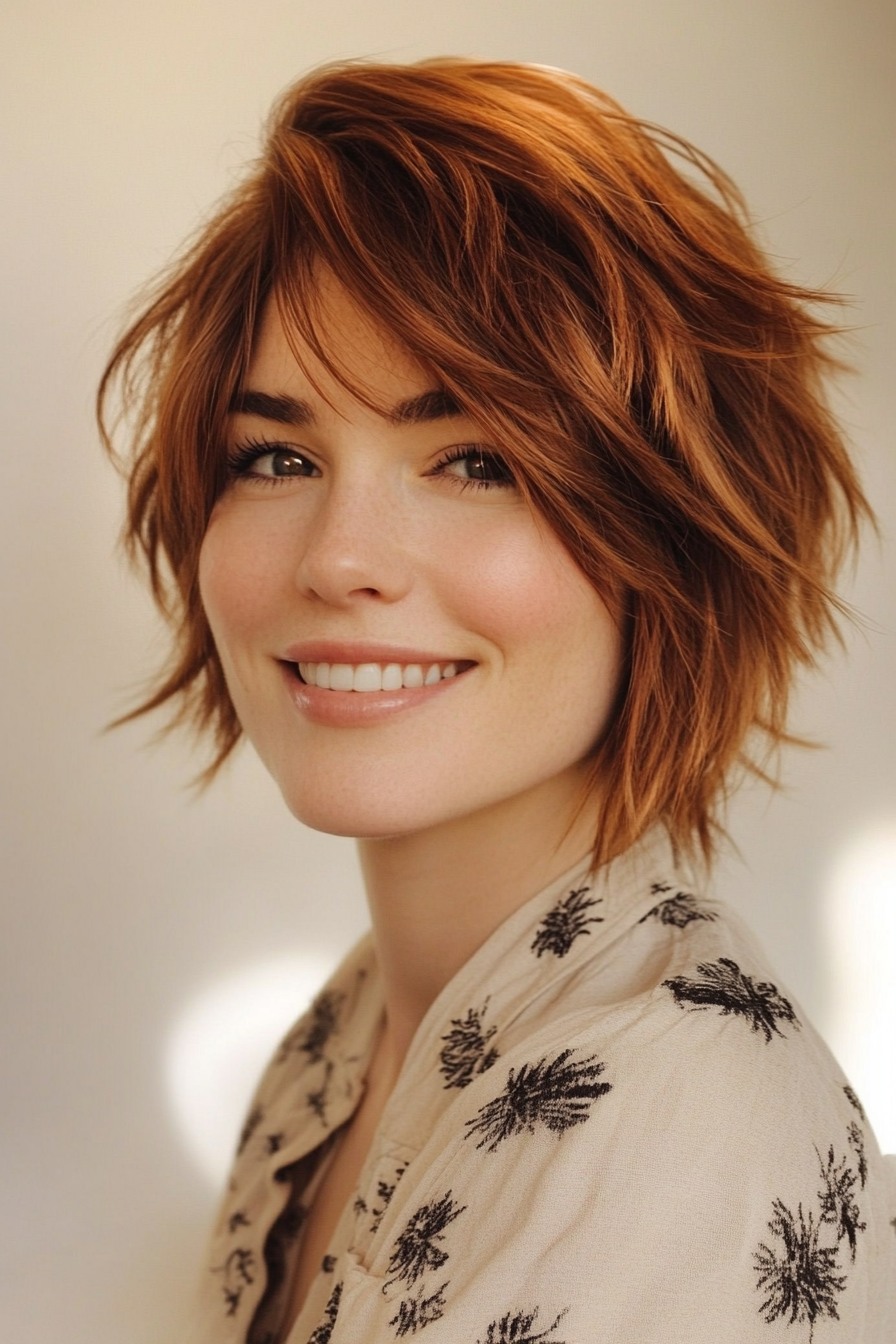 15. Short Shag with Copper Accents (Short Layered Haircuts With Side Bangs) - Short Layered Haircuts With Side Bangs