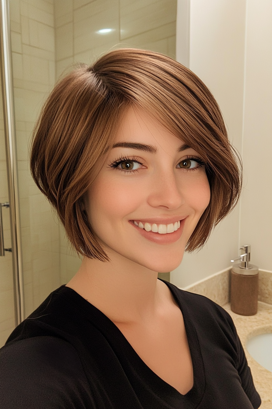 17. Bob with Side Fringe in Warm Toffee (Short Layered Haircuts With Side Bangs) - Short Layered Haircuts With Side Bangs