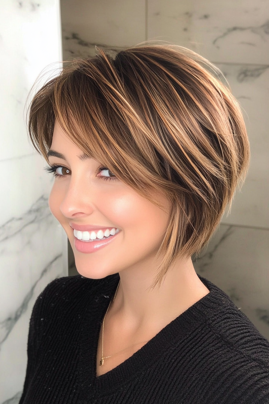 18. Layered Crop with Honeyed Caramel Highlights (Short Layered Haircuts With Side Bangs) - Short Layered Haircuts With Side Bangs