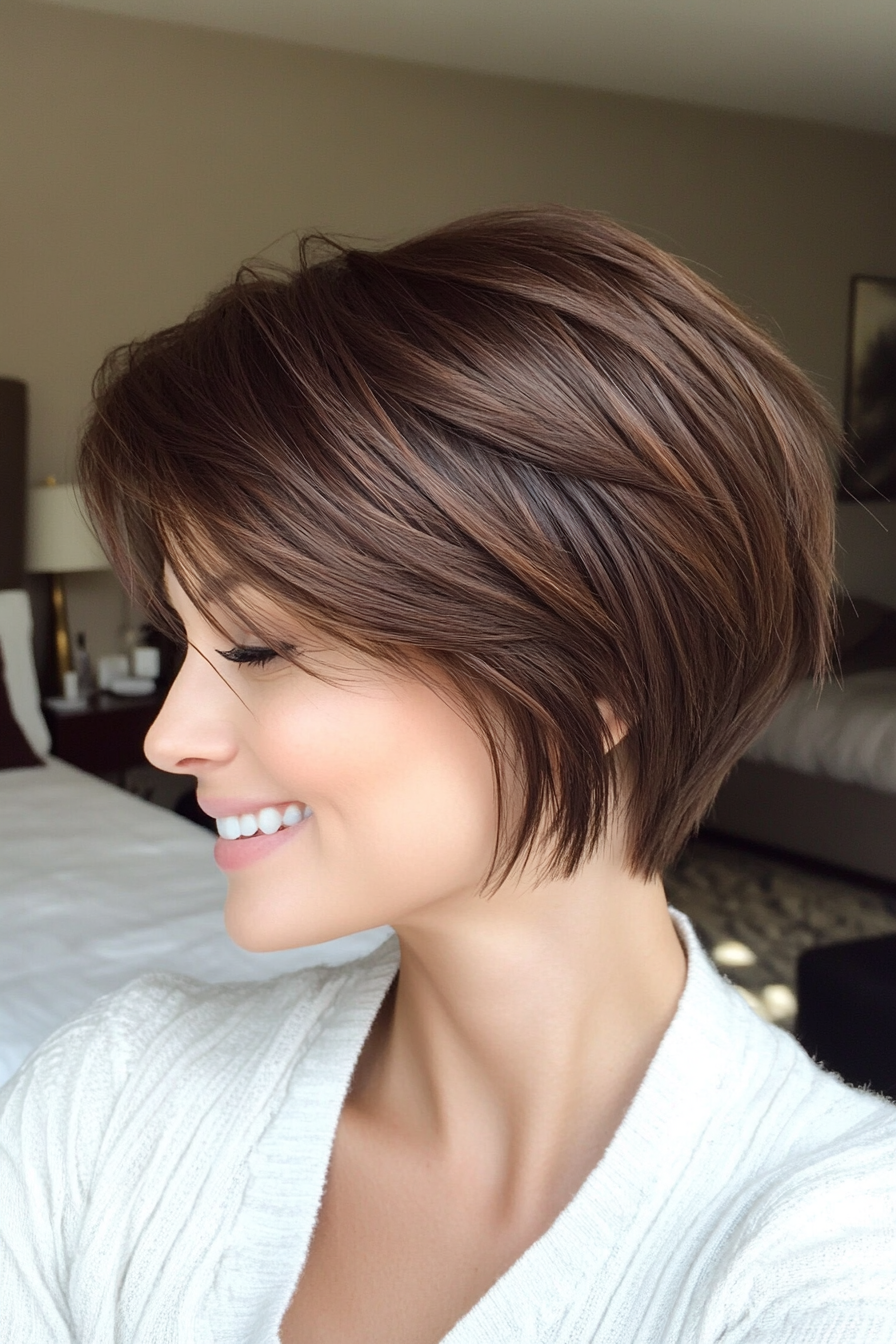 19. Sculpted Pixie in Deep Mahogany (Short Layered Haircuts With Side Bangs) - Short Layered Haircuts With Side Bangs