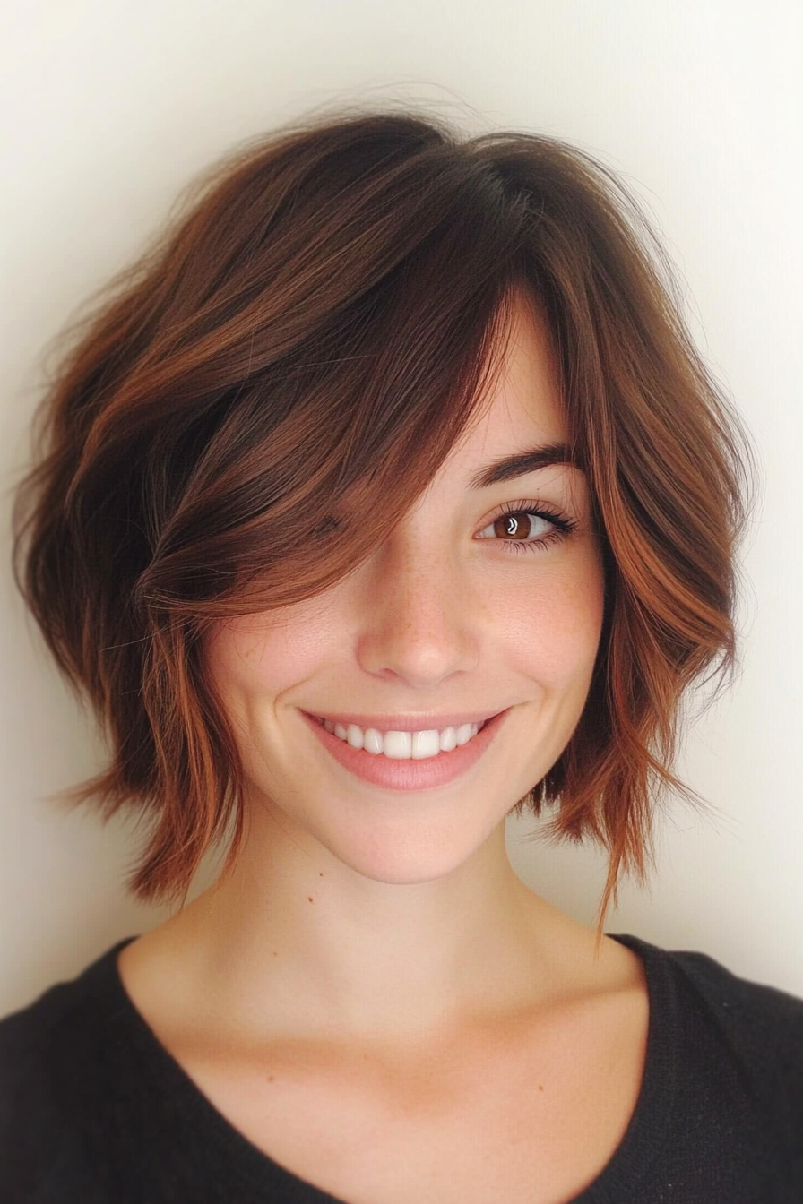 20. Wavy Lob with Chestnut Ombre (Short Layered Haircuts With Side Bangs) - Short Layered Haircuts With Side Bangs