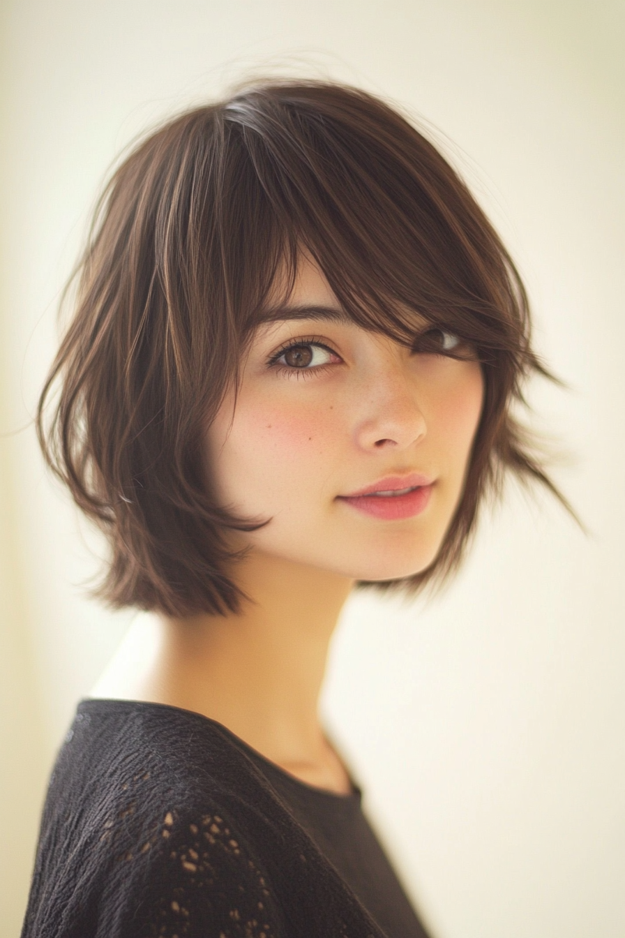 21. Choppy Bob with Dark Chocolate Layers (Short Layered Haircuts With Side Bangs) - Short Layered Haircuts With Side Bangs