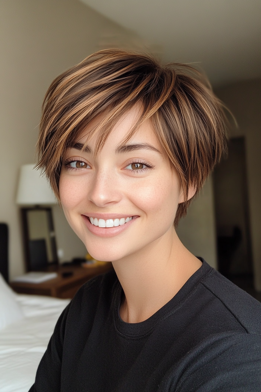 22. Short Layered Cut with Sandy Brown Highlights (Short Layered Haircuts With Side Bangs) - Short Layered Haircuts With Side Bangs