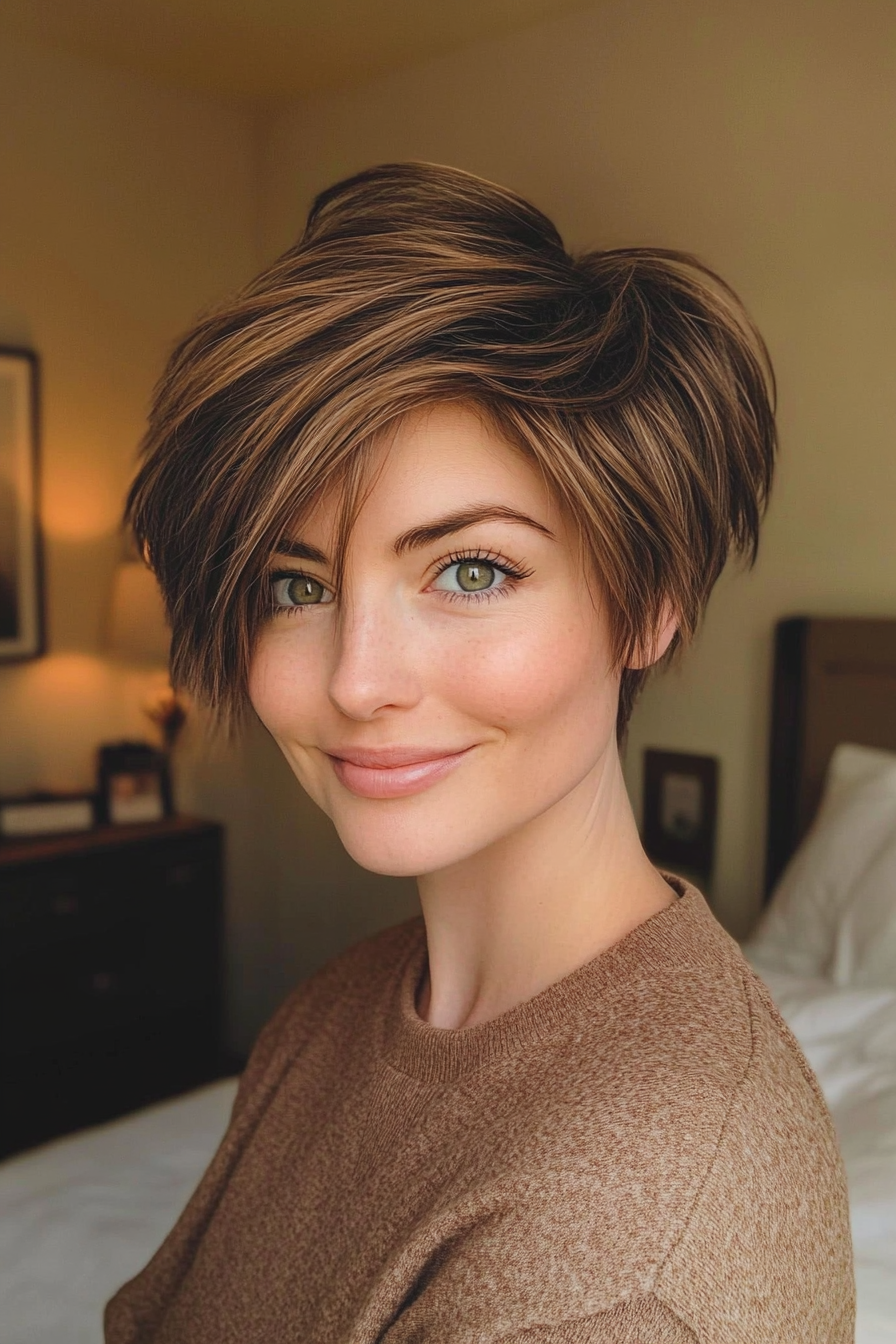 23. Textured Pixie-Bob in Rich Mocha (Short Layered Haircuts With Side Bangs) - Short Layered Haircuts With Side Bangs