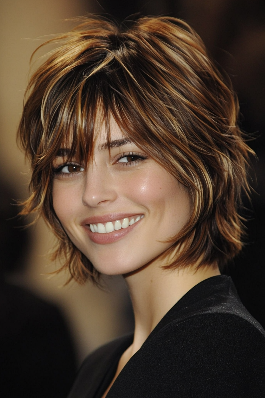 25. Layered Shaggy Bob with Auburn Highlights (Short Layered Haircuts With Side Bangs) - Short Layered Haircuts With Side Bangs